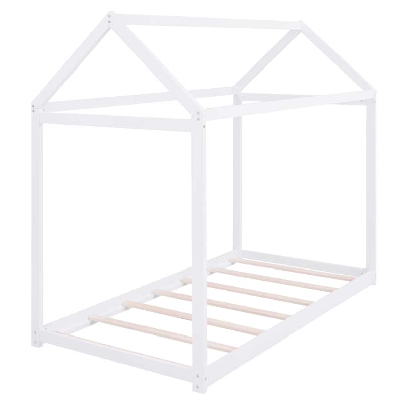 White Twin Wooden House Bed for Kids, Durable Pine Wood, No Box Spring Required