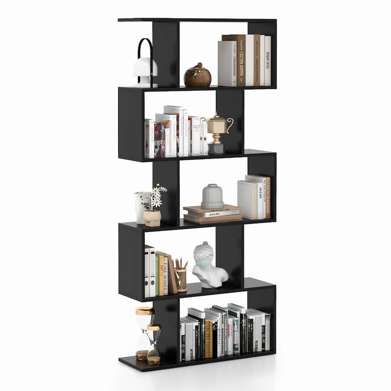 5-Tier Bookshelf S-Shaped Bookcase Room Divider Storage Display Shelf - Black