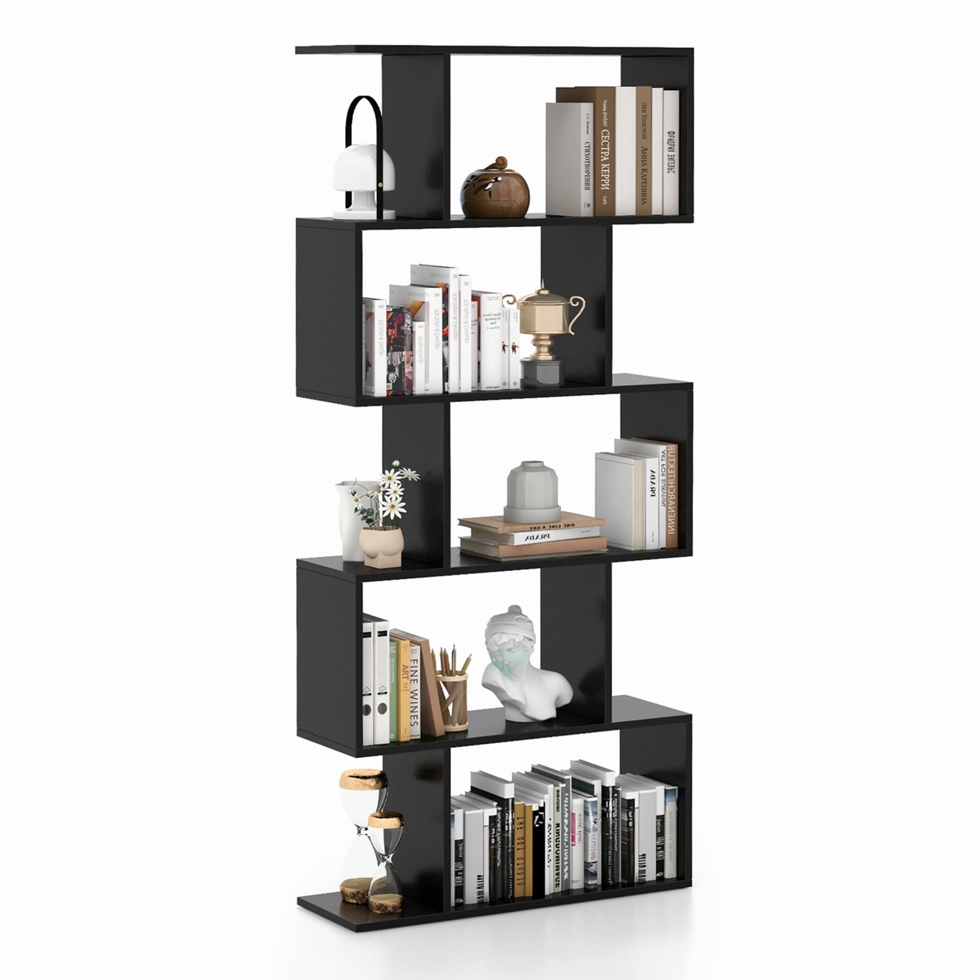 Costway 5-Tier Bookshelf Geometric S-Shaped Bookcase Room Divider
