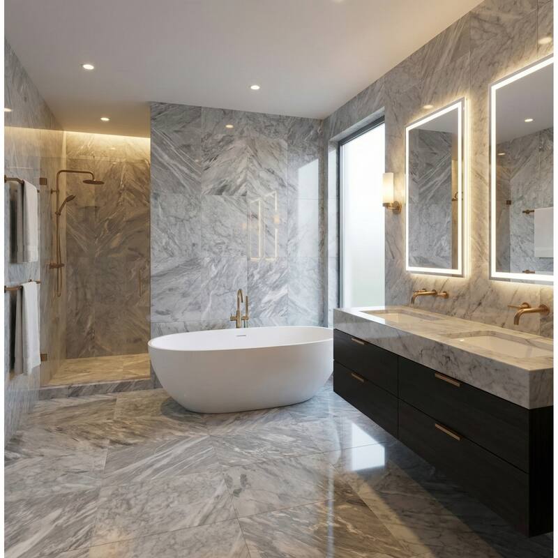 Roomfitters Carrara Marble Tile, Polished Natural Stone for Wall and Floor, Genuine Marble, 4-Piece Box, Gray