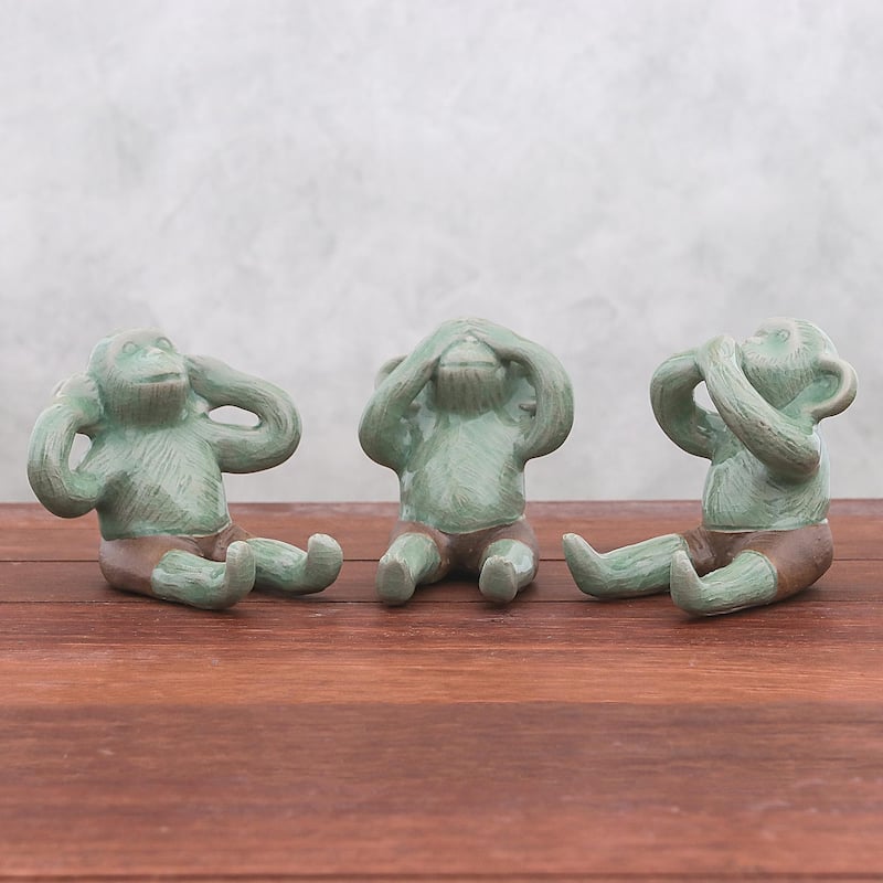 Novica Handmade Green Monkeys Celadon Ceramic Figurines (Set Of 3)