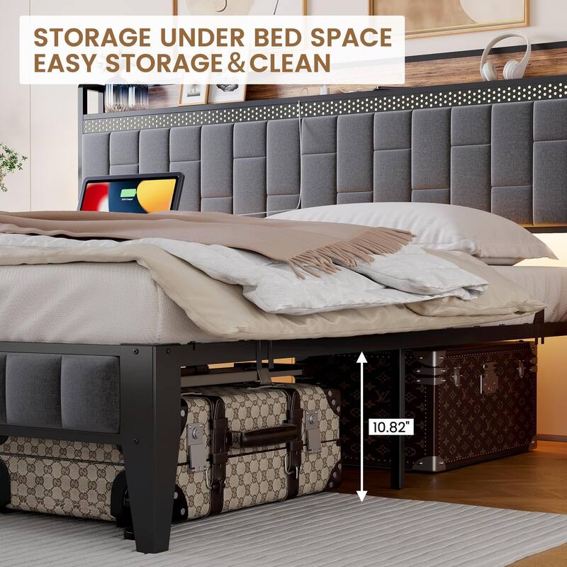 Bed Frame with LED Light and Storage Headboard