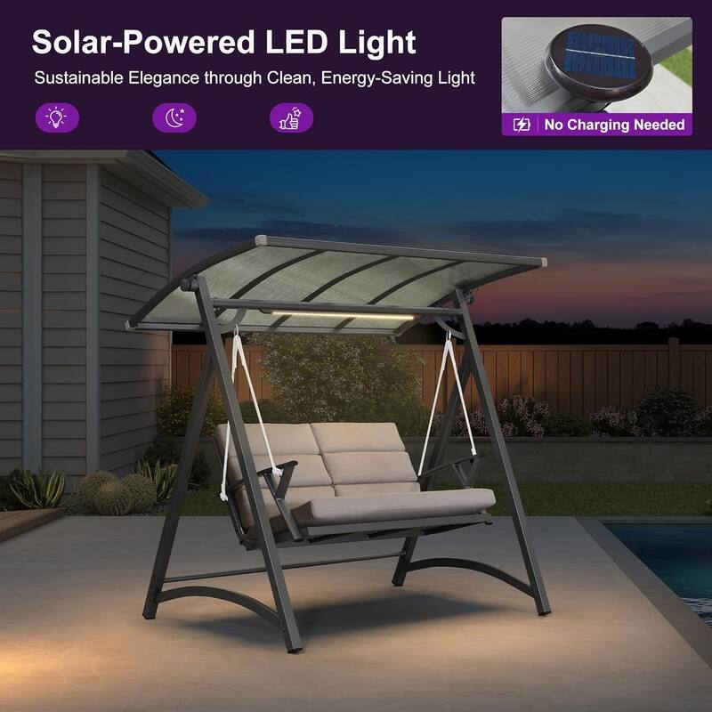PURPLE LEAF 2-Person Patio Porch Swing with PVC Canopy, Solar LED Lights & Cushions - 2 Seat