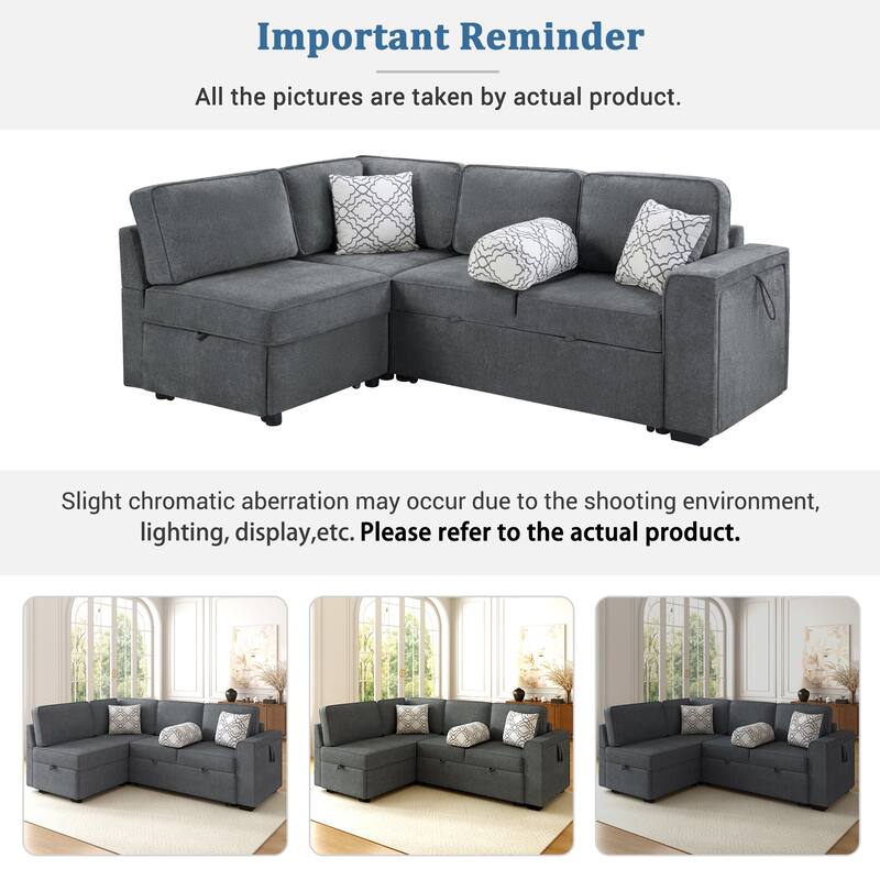 Convertible Sectional Sofa Bed with Flip-Top Table, USB Ports & Cup Holder, Chenille L-Shaped Sofa with Dual Pull-Out Sleepers