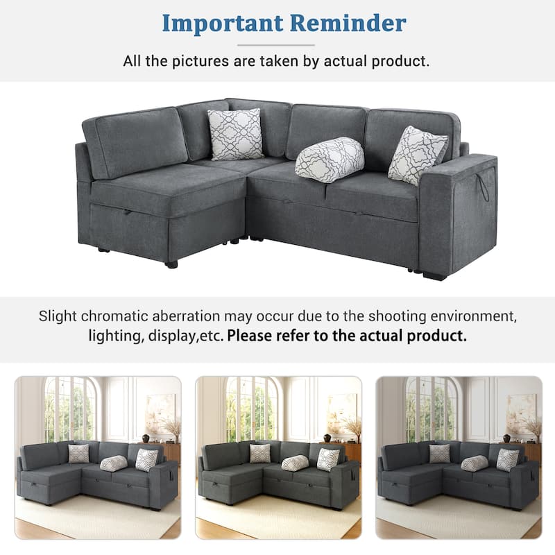 L-Shaped Sectional Sofa Convertible Sofa Bed with Dual Pull-Out Sleepers Sofa, Flip-Top Table, USB Ports, Cup Holder and Storage