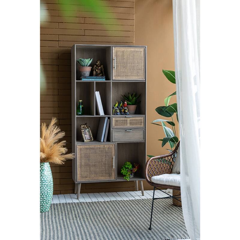 Modern Gray Cabinet with Woven Rattan Panels - Boho Storage Tower with Cubby Shelves for Any Room