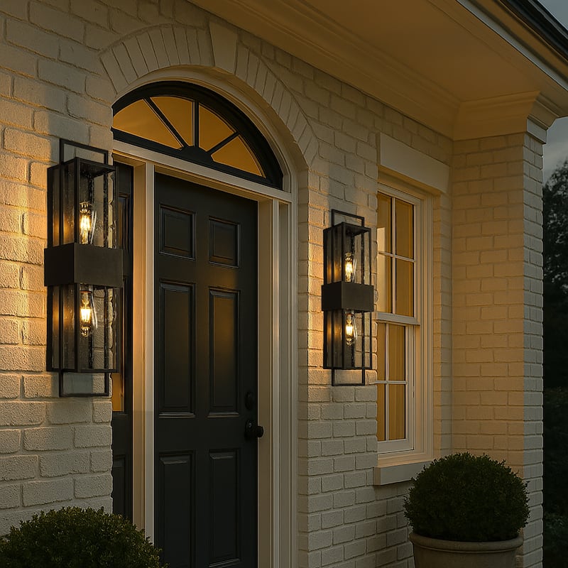 H26'' Modern Seeded Glass Outdoor Wall Light with Dusk to Dawn Sensor Black 2-Light Waterproof Sconce for Porch Garage - W6''
