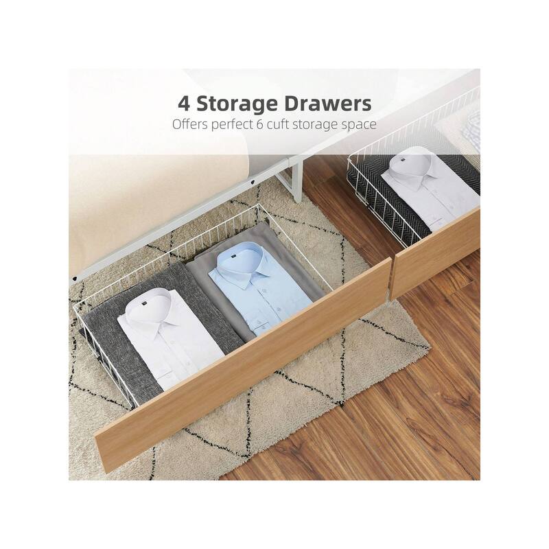 Platform Bed Frame with Headboard, Footboard, 4 Storage Drawers on Wheels