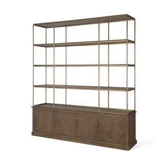 Baron Light / Dark Brown Wood w/ Antiqued Aged Brass Metal 2-Door / 4-Door Open Shelving Unit
