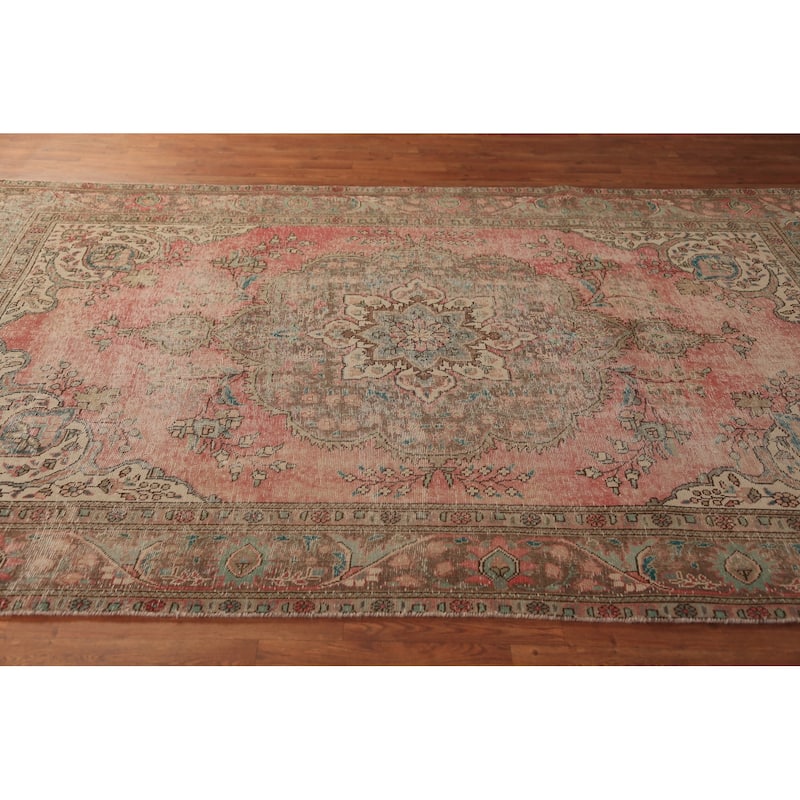 Pink Tabriz Persian Vintage Area Rug Handmade Wool Carpet - 6'3" x 9'5"