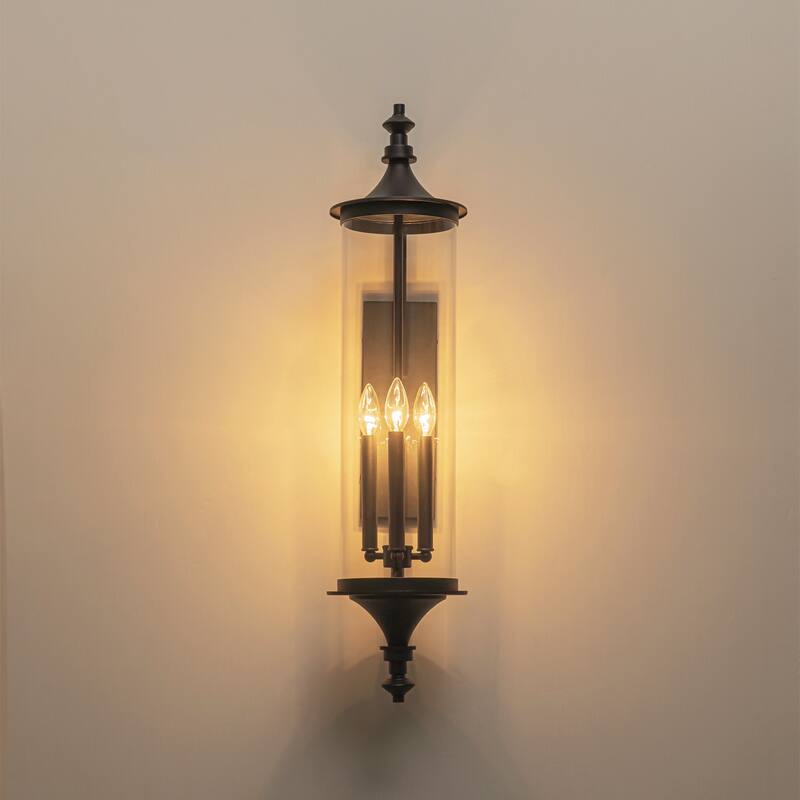 32.7" H 3-Light Industial Black Outdoor Hardwired Wall Lantern Sconce with Cylindrical Clear Glass for Home Outside