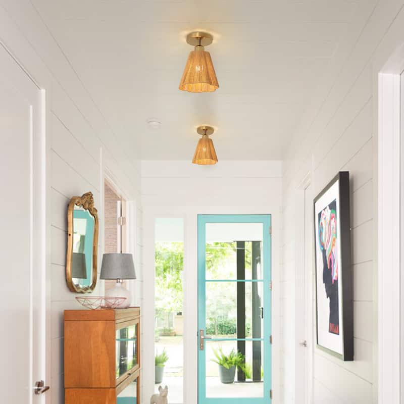 1-Light Brown Paper Rope Boho Semi-Flush Mount Ceiling Light