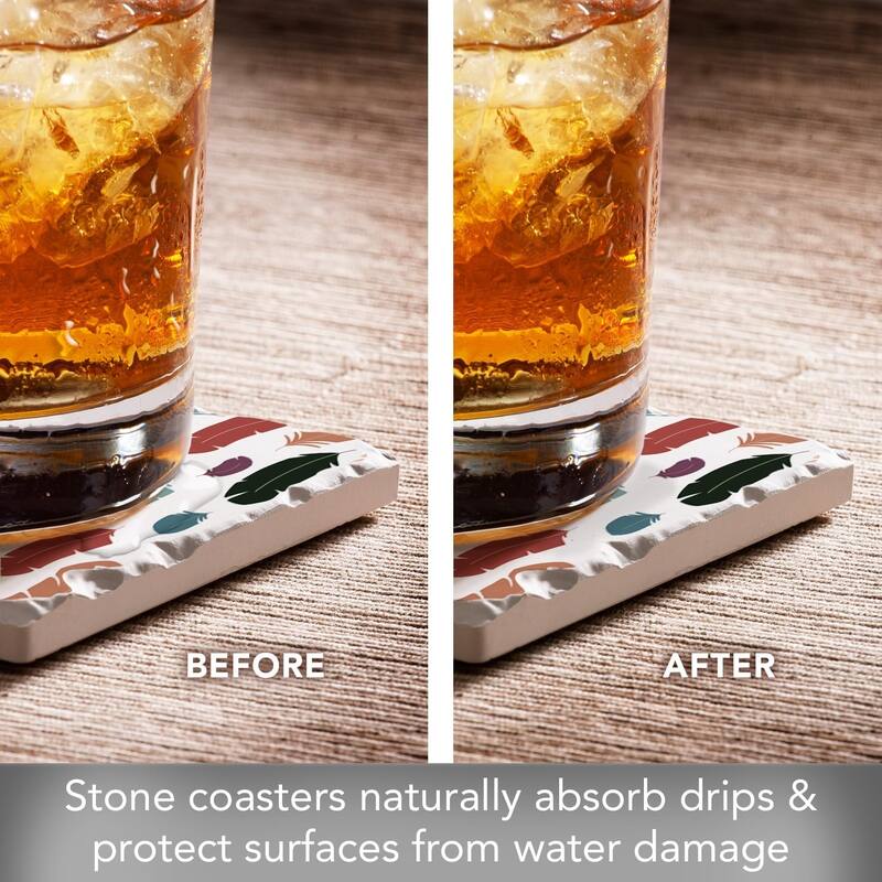 Feathers 4-Pack Absorbent Stone Tumbled Tile Coasters with Protective Cork Backing 4" Square Made in The USA Easily Wipes Clean