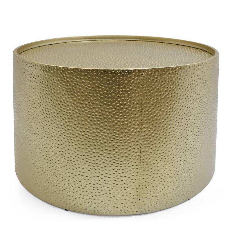 Bet Coffee Table, 26 Inch Round Hammered Look, Modern Gold Iron Metal