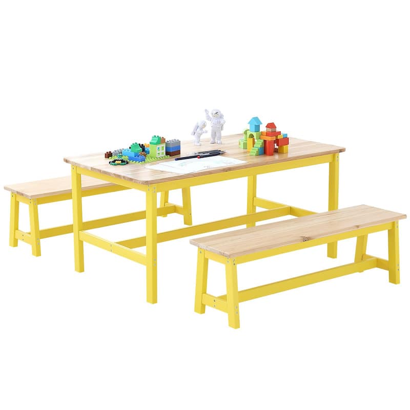 3 Pieces Rectangular Kids Wooden Activity Table and Bench Set Suitable Playroom Daycare or Tutoring Center