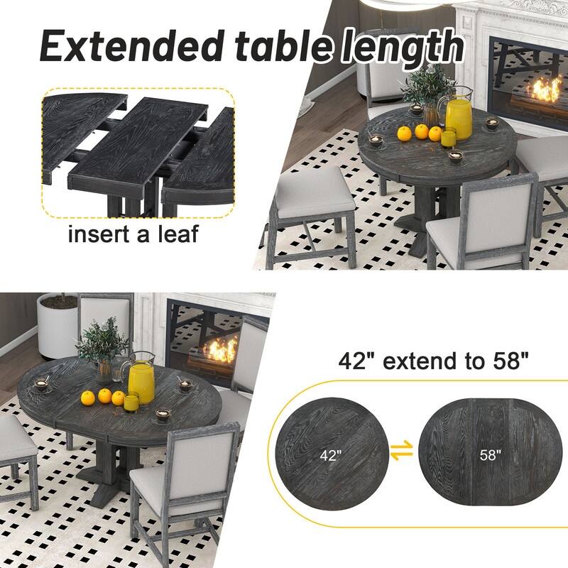 5-Piece Farmhouse Wooden Dining Set with Extendable Round Table and 4 Upholstered Chairs for Kitchen
