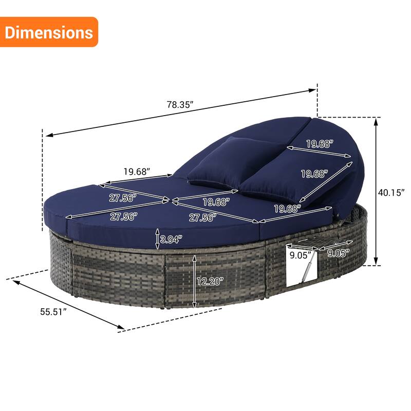 Outdoor Patio Rattan Round Daybed Sunbed with Adjustable Backrests and Foldable Cup Trays