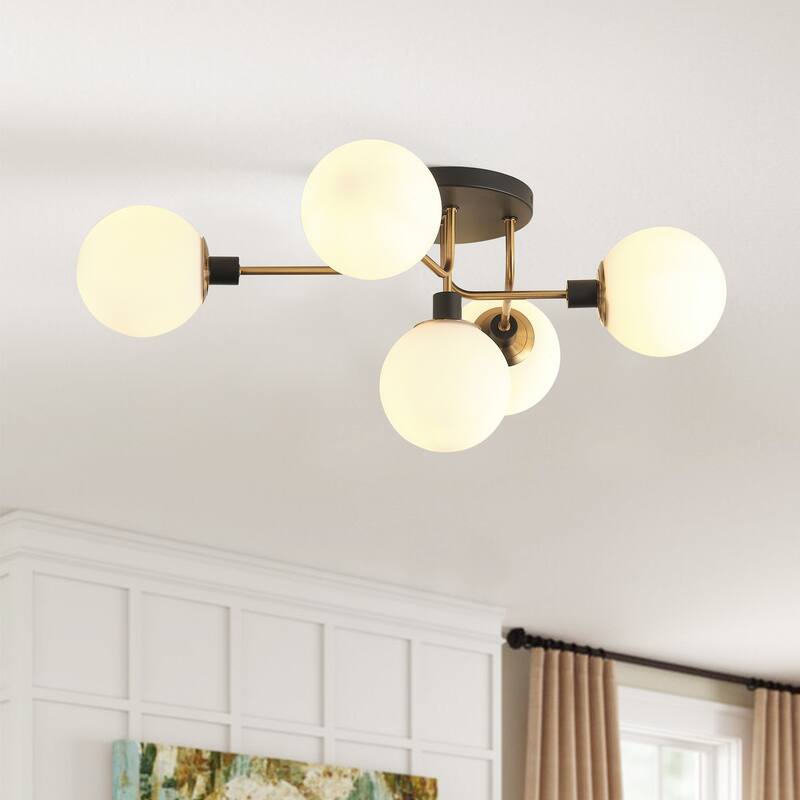 Matte Black 5-Light Semi Flush Mount Close to Ceiling Light with White Glass Shades