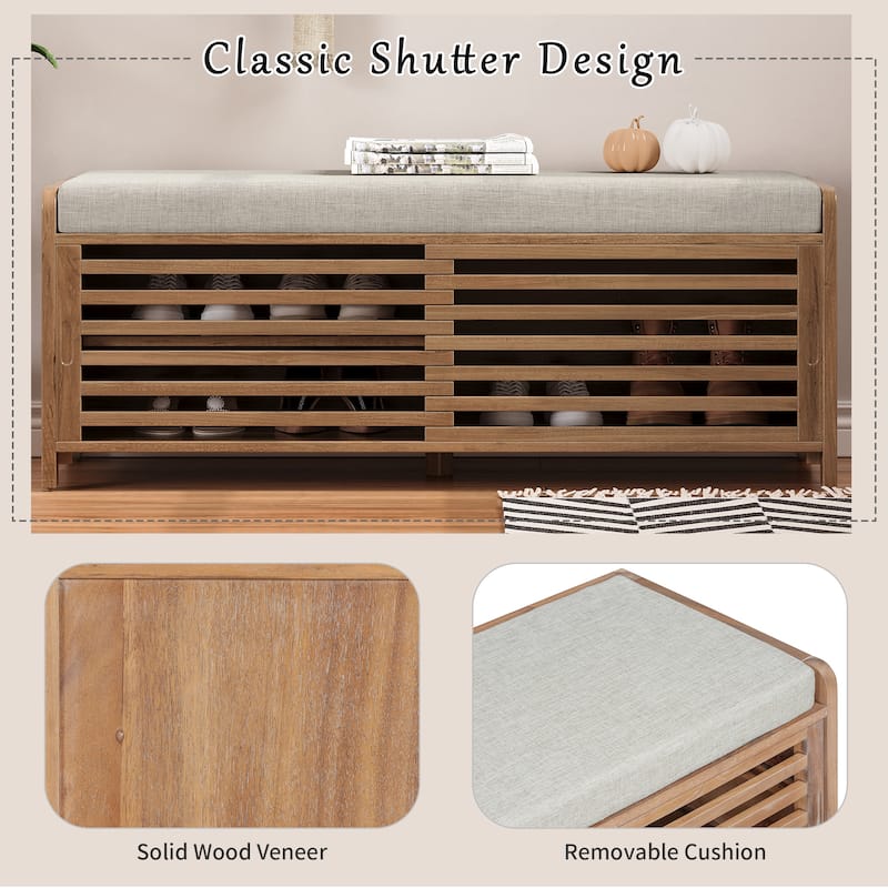 Distressed Shutter Shoe Bench with Cushion, Entryway Storage Bench with Sliding Door & Shelves, 43.3" Wide