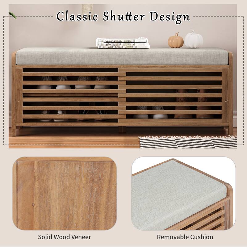 Entryway Bench Storage Shoe Bench w/ Cushion & Sliding Door, Shoe Cabinet Organizer for Living Room, 15.4" W x 43.3" D x 16.5" H