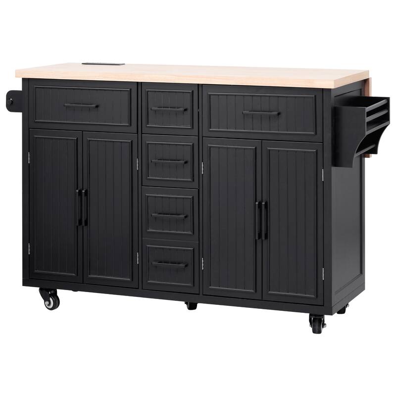 56.5" Kitchen Island with Drop Leaf, Power Outlet, Embossed Vertical Stripe Rolling Kitchen Cart on Wheels with 5 Drawers