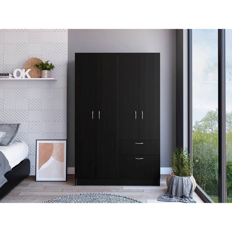 18.5" Modern Four-door Armoire with Hanging Rod and Spacious Drawer for Bedroom