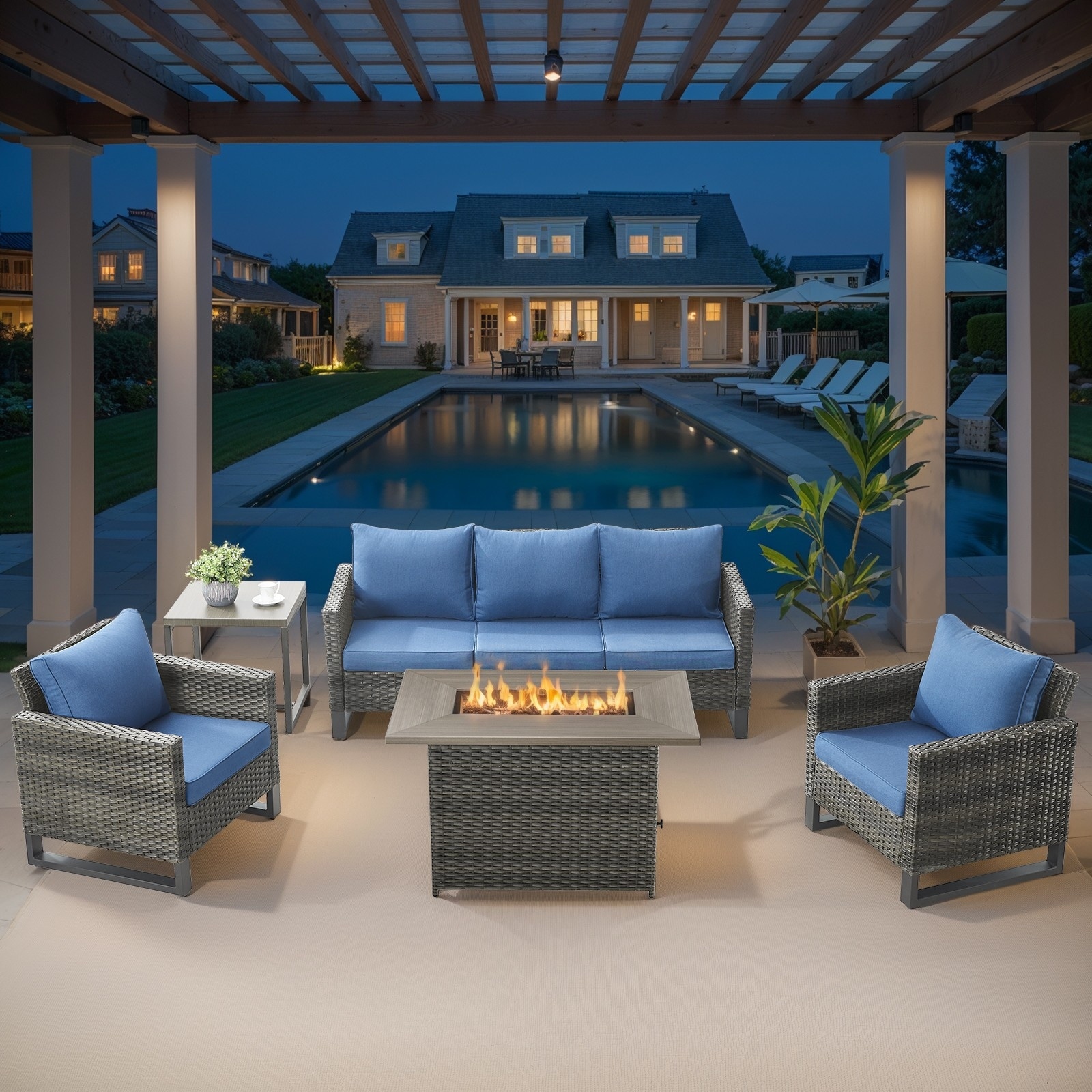 Outdoor Sofa Chairs with Fire Pit Table - Blue cushion - Grey