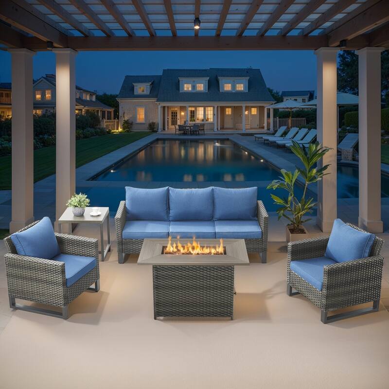 Outdoor Wicker Rattan Furniture with Fire Table - Blue - Grey