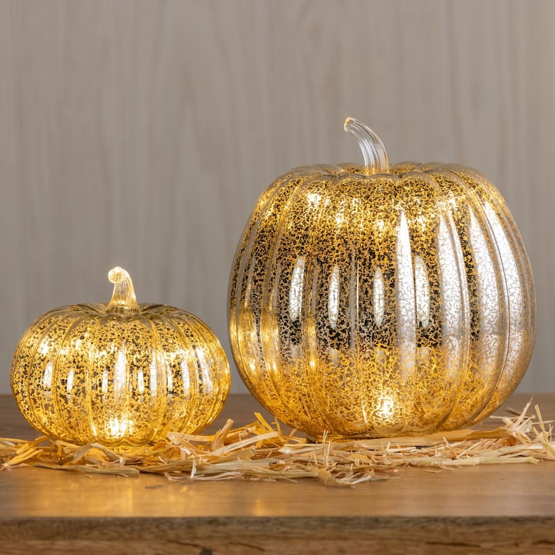 Transpac Glass 8 in. Silver Harvest Mercury Pumpkin Set of 2