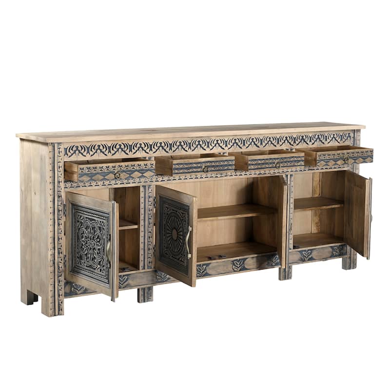 HomeRoots 102" Natural And Black Distressed Solid Wood Carved Geometric Four Drawer Sideboard
