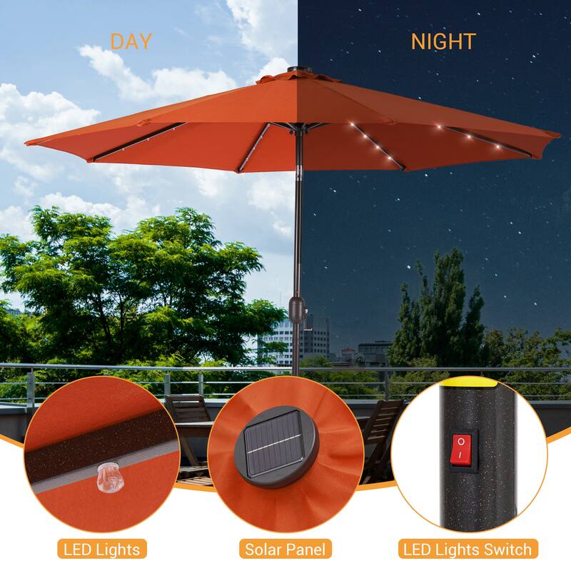 LIVOOSUN 9Ft Solar-powered Large Round Outdoor Patio Market Umbrella with Crank