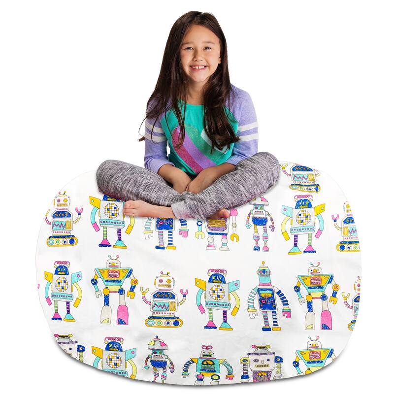 Kids Bean Bag Chair Cover Stuffed Animal Storage or Toy Organizer - 48 Inch Extra Large - Canvas Robots on White