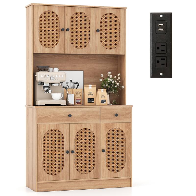 Gymax Kitchen Pantry Cabinet w/ Charging Station 71'' Tall Kitchen - Natural - Natural