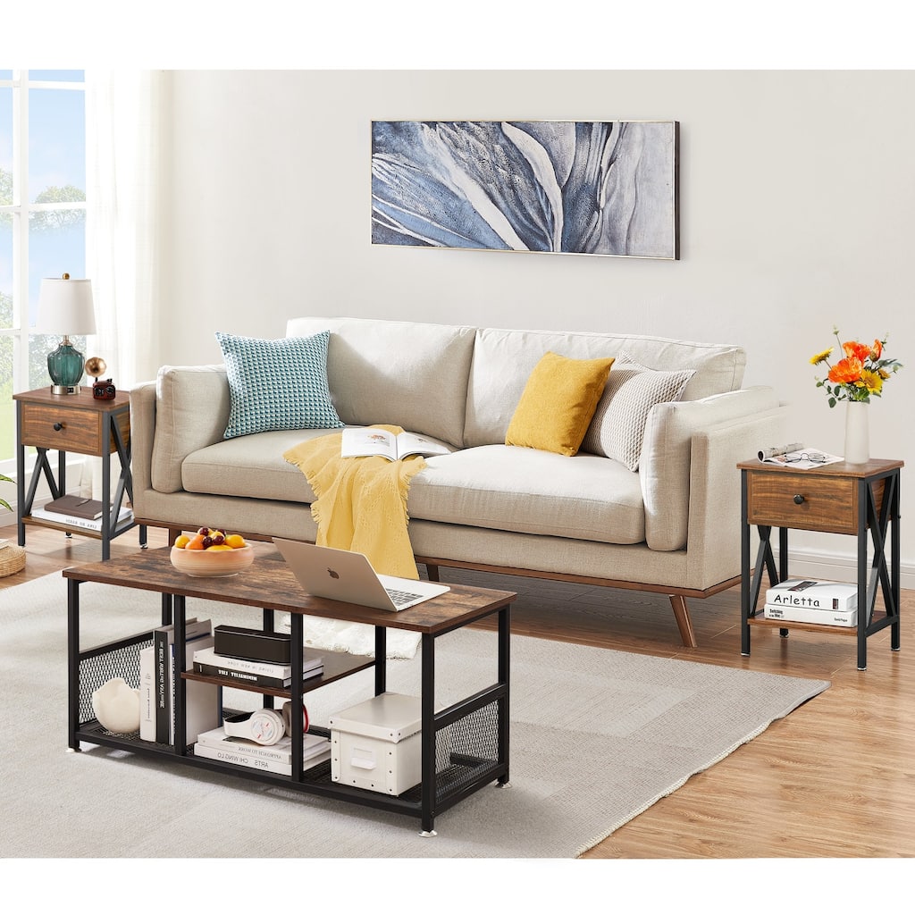 Javlergo 3-Pieces Coffee Table Set, Living Room Set of 3 with Grey Coffee Table and Nightstand Set of 2