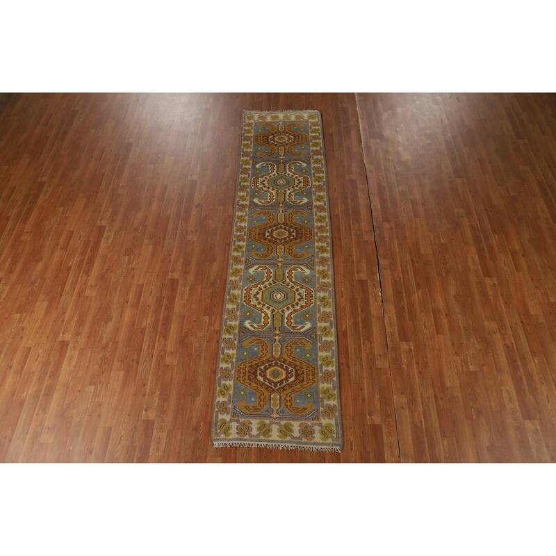 Hand Knotted Oriental 100% Wool Carpet Traditional Geometric Greys & Charcoal Kazak Runner Rug - 9' 10'' X 2' 6''