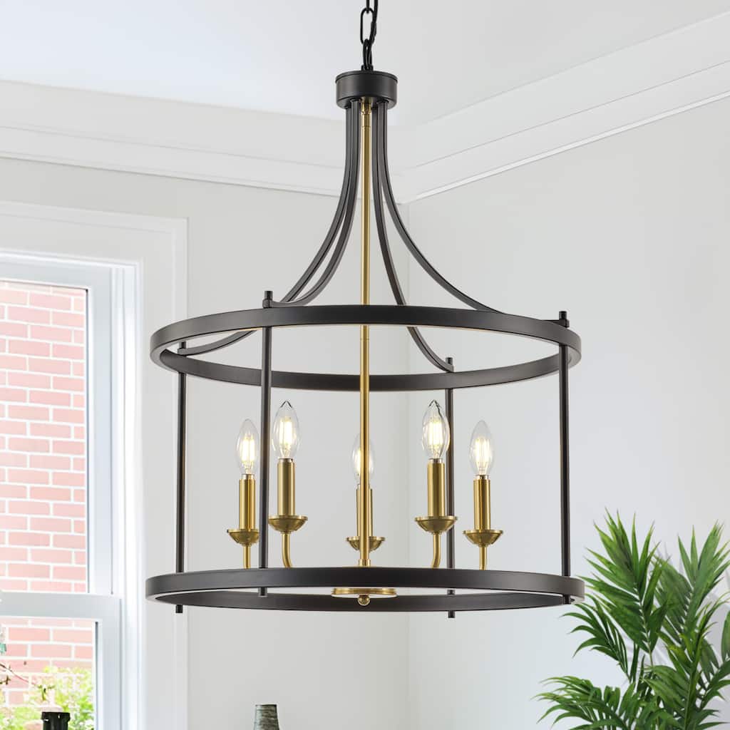 Starsky 5-Light Farmhouse Drum Chandelier With Open Cage - Black&Gold