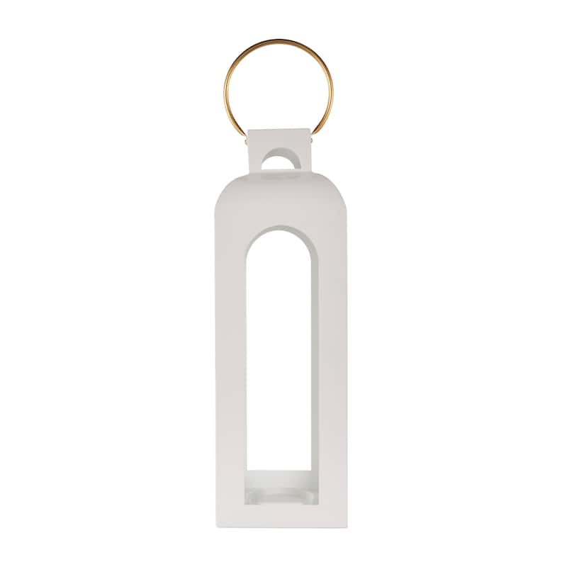 White Metal Tall Arched Cutout Candle Lantern with Gold Handle