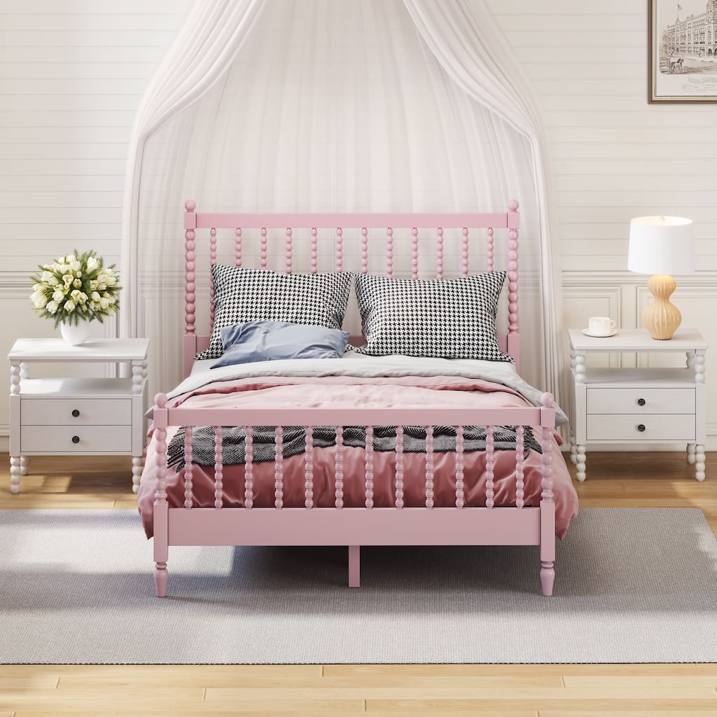 3 Pieces Bedroom Sets Full Size Wood Platform Bed with Gourd Shaped Headboard and Footboard with 2 Nightstands