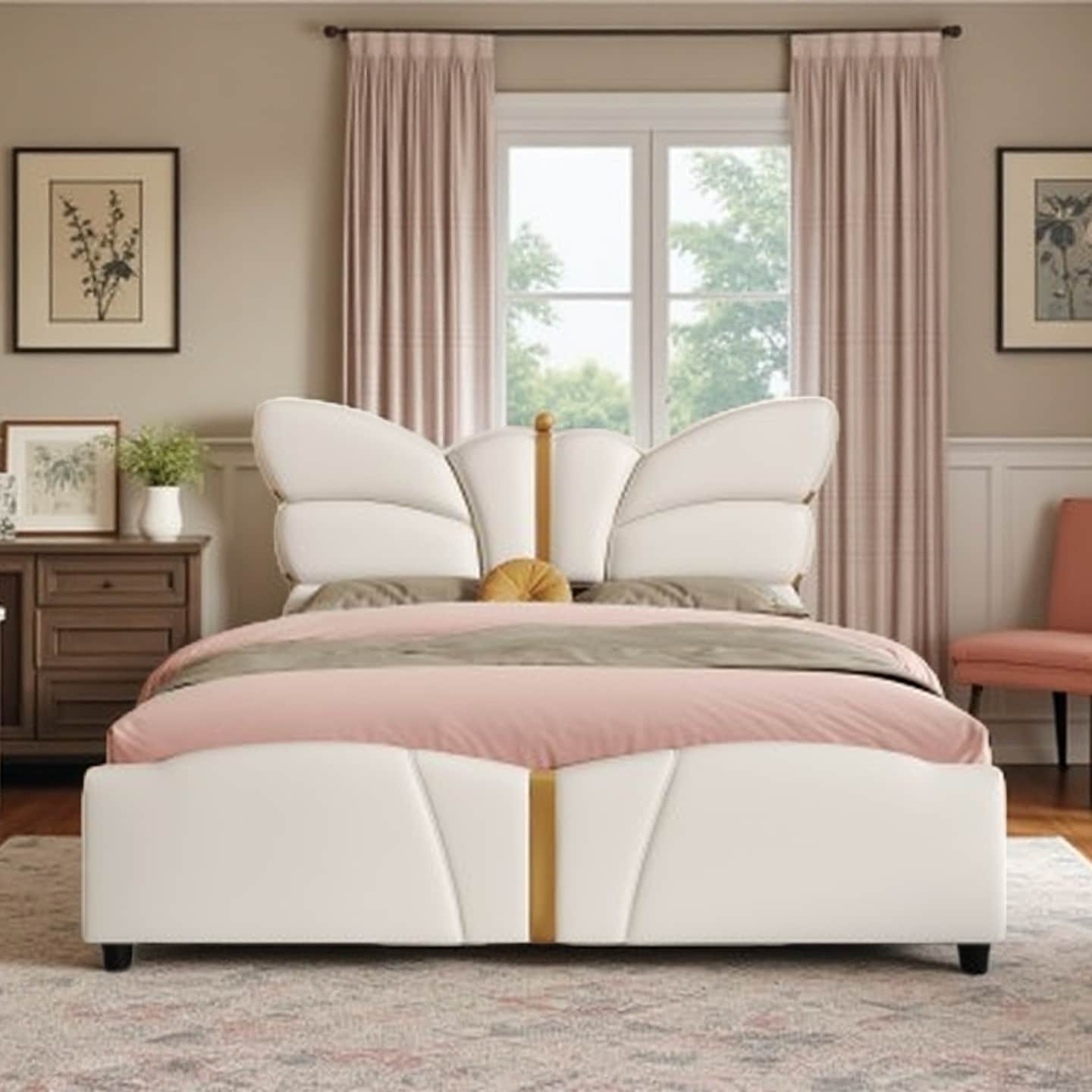 Queen PU Leather Platform Bed with Butterfly Headboard & Gold Accents, Upholstered Frame, No Box Spring Needed