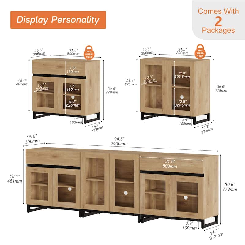 Modern TV Stand for Tvs Up to 100 Inch, 3 In 1 TV Console with Glass Doors and 2 Drawers, Entertainment Center for Living Room