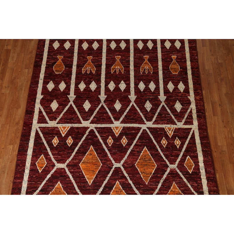 Hand Knotted Oriental 100% Wool Carpet Modern Geometric Red Moroccan Area Rug - 9' 10'' X 6' 8''