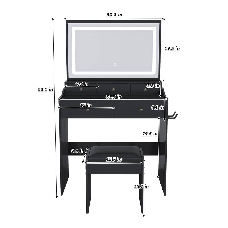 Anmytek LED Lighted 5 Drawers Vanity Desk Black Makeup Dressing Table with Power Outlet and Hair Dryer Holder