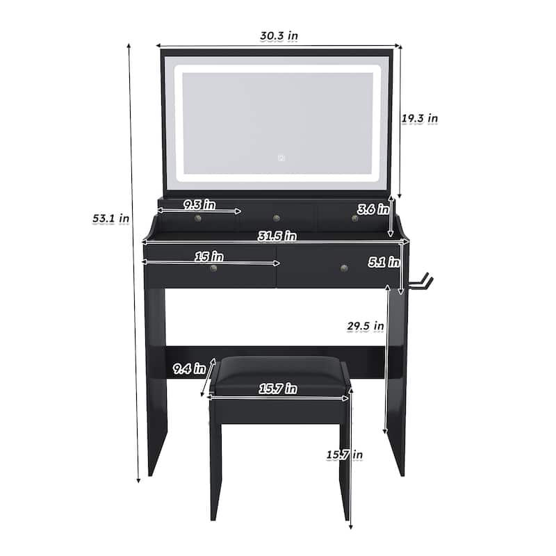 Mirror Vanity Desk,Makeup Vanity Set with Power Outlet and Hair dryer holder,5 Drawers,3 Lighting Color Adjustable