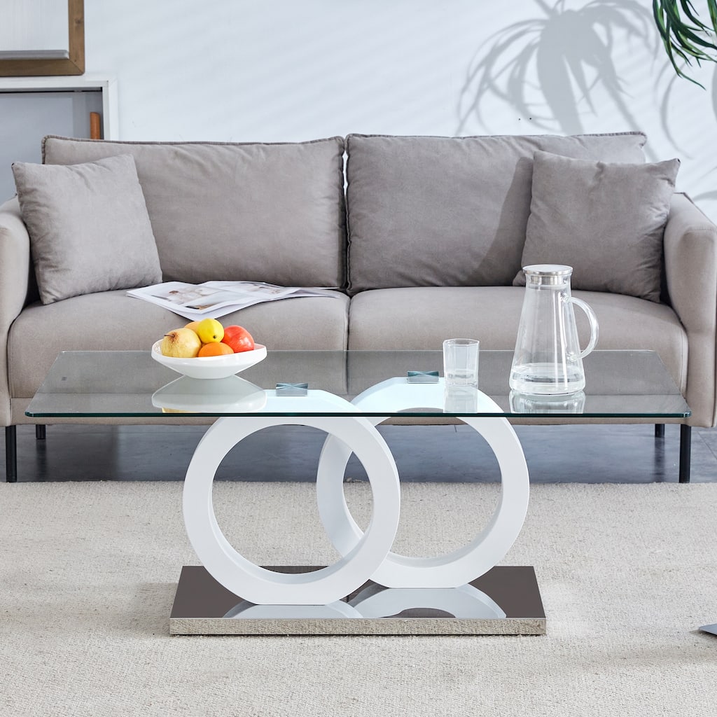 Modern Glass Coffee Table with Geometric Ring Base, Rectangular Center Table with MDF Frame for Living Room or Office Decor