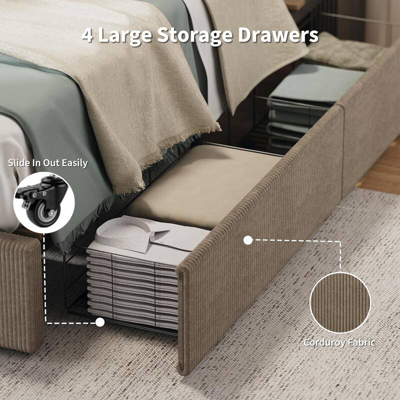 Platform Bed with 4 Storage Drawers, Tufted Wingback Upholstered Headboard, Strong Wood Slat Support