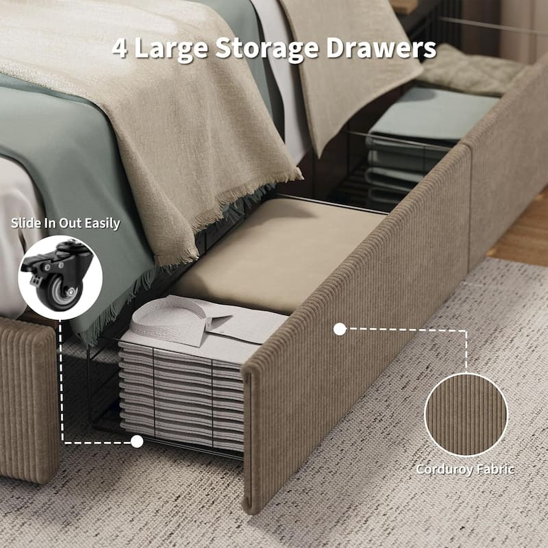 Upholstered Platform Bed with 4 Storage Drawers, Channel Tufted Wingback Headboard & Solid Wood Slat Support