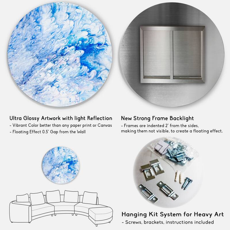 Designart 'Blue And White Liquid Marble Art' Modern Metal Circle Wall Art