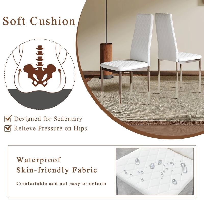 7-Piece Wood Dining Table Set with Spliced Tabletop & Marble Patterned Table Legs, Diamond Shaped Backres, Non-Slip Mat White