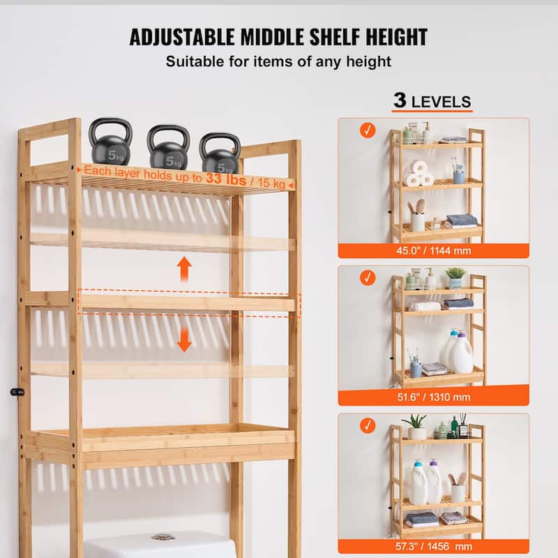 Sofucor Over The Toilet Storage,3-Tier Adjustable Bathroom Organizer,Bamboo Storage Shelf Rack with 3 Hooks,Bathroom Saver - N/A