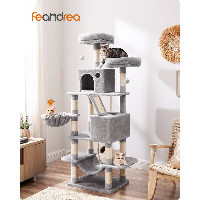 Cat Tree, 66.1-Inch Large Cat Tower with 13 Scratching Posts, 2 Perches, 2 Caves, Basket, Hammock, Pompoms